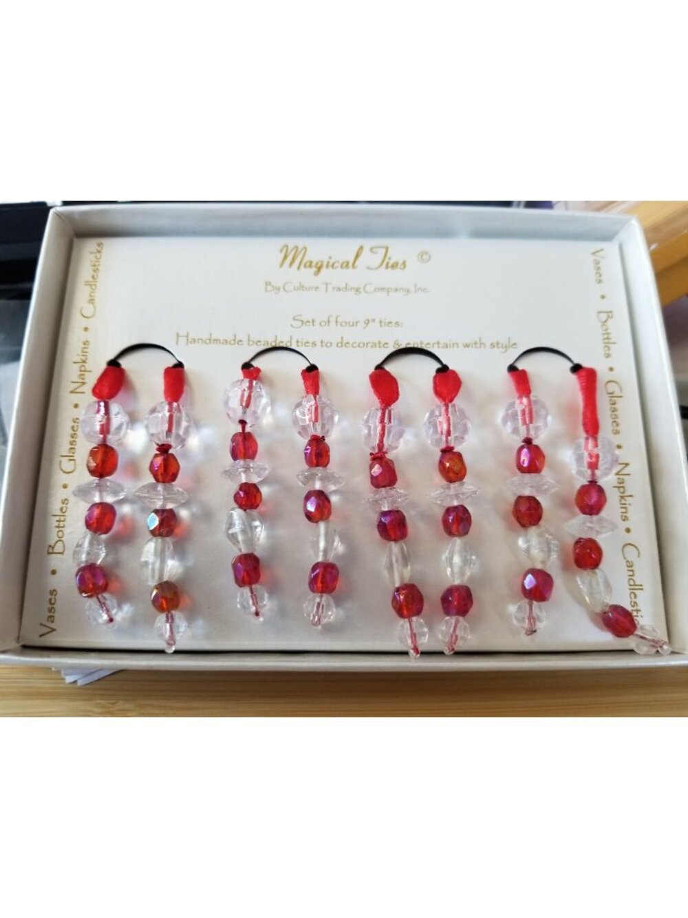 Magical Ties Red White 12" each Beaded  Set of 4 Handmade Decoration for Vases B